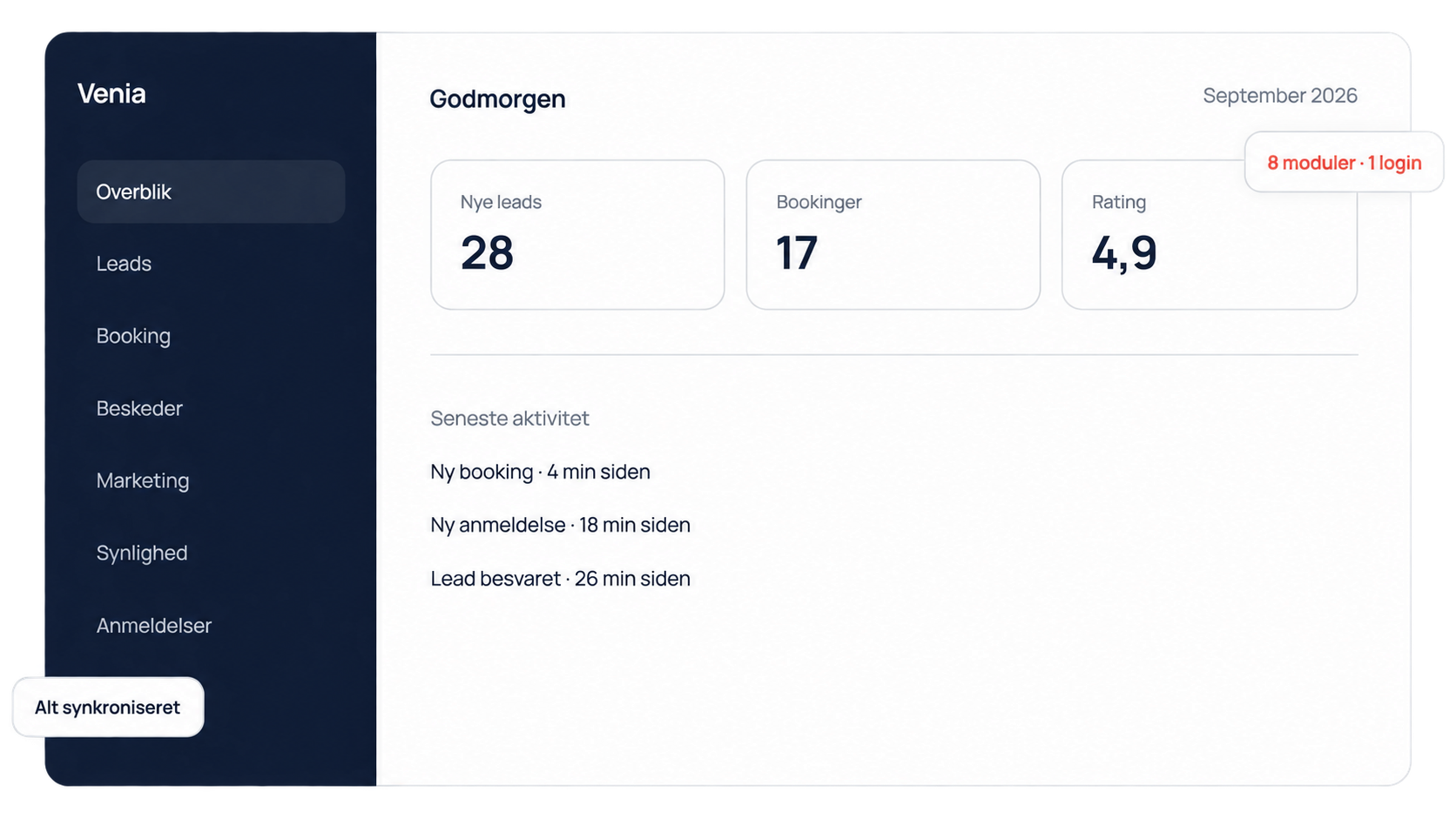 Venia CRM med alle moduler samlet bag ét login